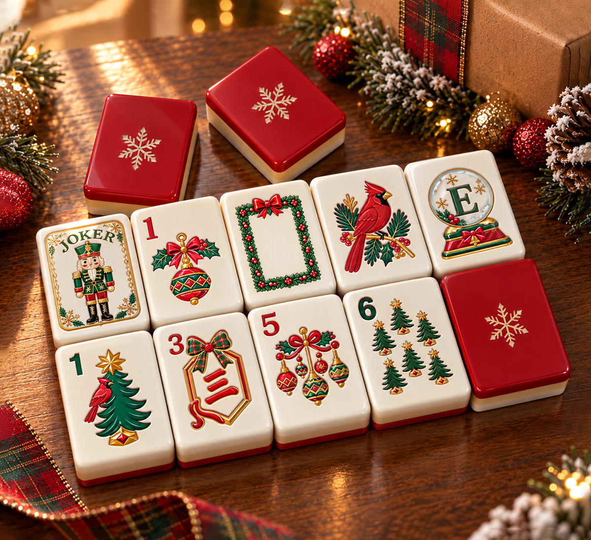 Holiday Red Christmas Mahjong Set - Engraved Acrylic American Mahjong Tiles